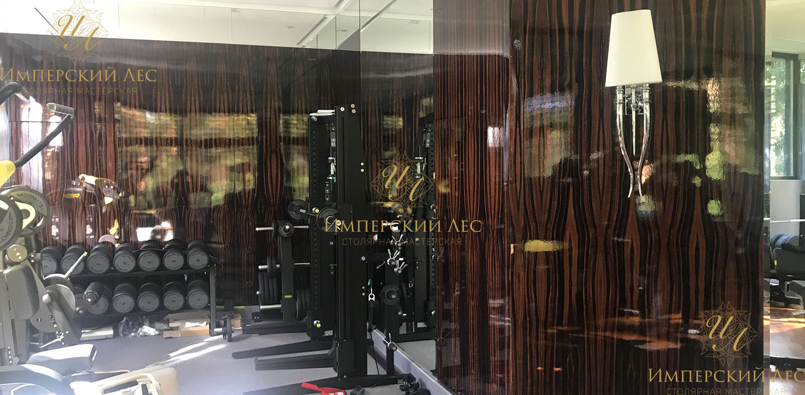 Деревянные стеновые панели из макасара в отделке частного фитнес-зала