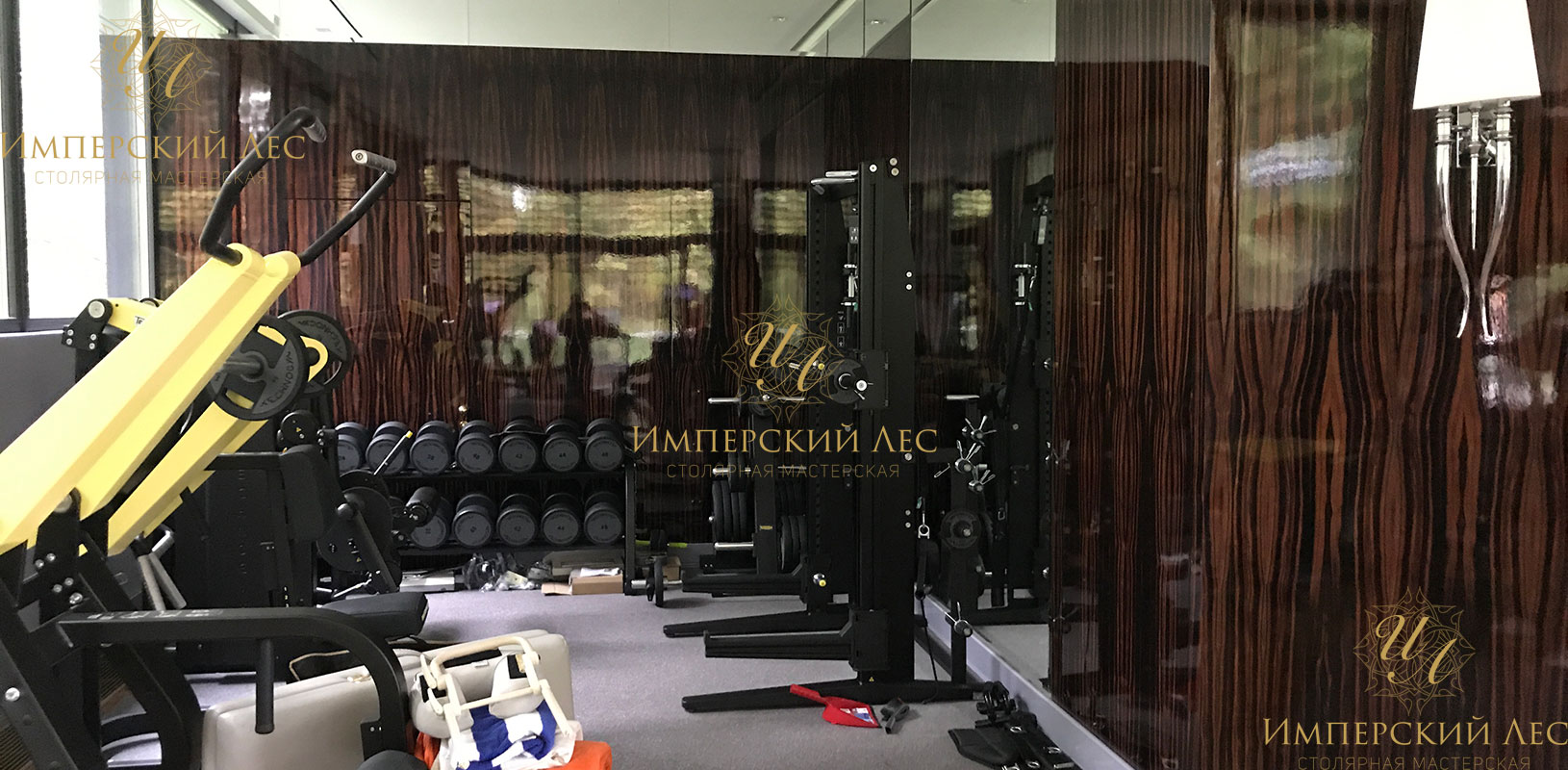 Деревянные стеновые панели из макасара в отделке частного фитнес-зала